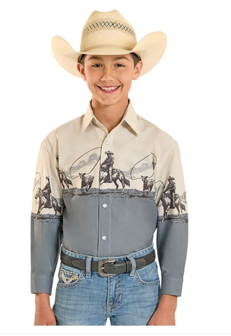 Rock & Roll Denim Boys Tan Border Scene Long Sleeve Western Snap Shirt