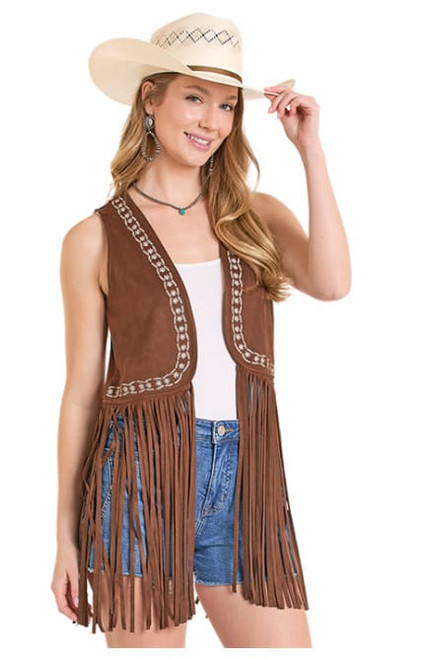 Rock & Roll Denim Brown Canyon Fringe Embroidered Microsuede Vest