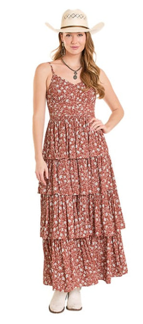 Rock & Roll Denim Womens Rust Prairie Bloom Tiered Maxi Dress