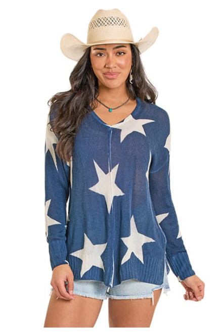 Rock & Roll Denim Womens Navy Lone Star Print Long Sleeve Sweater