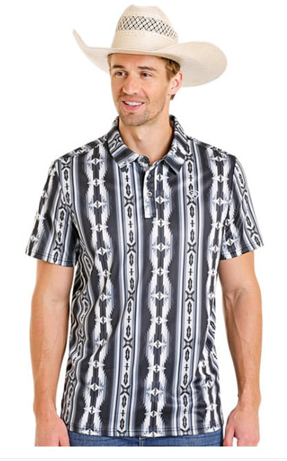 Rock & Roll Denim Mens Black High Desert Aztec Stripe Short Sleeve Polo Shirt