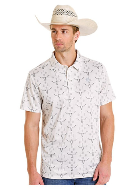 Rock & Roll Denim Mens Cream Prairie Longhorn Printed Mesh Short Sleeve Polo Shirt