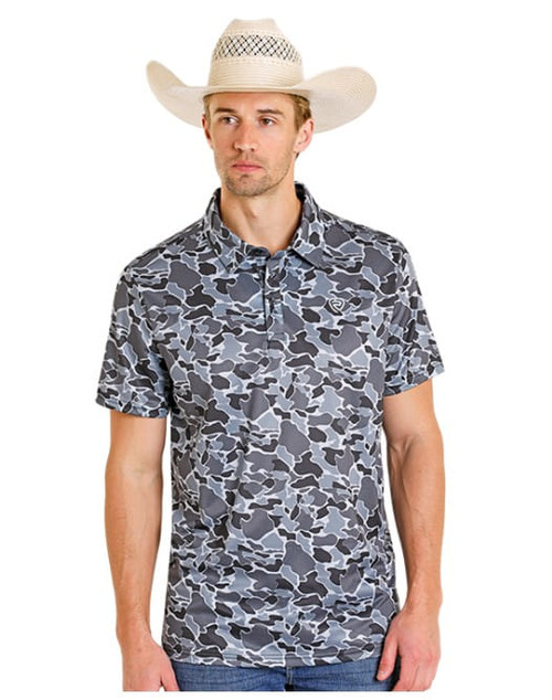 Rock & Roll Denim Mens Charcoal Shadow Camo Printed Mesh Short Sleeve Polo Shirt
