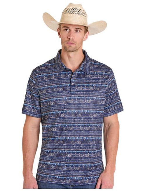 Rock & Roll Denim Mens Navy Mesa Stripe Print Short Sleeve Polo Shirt