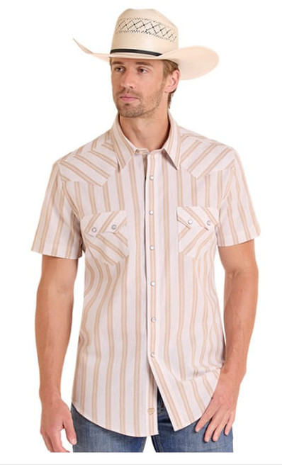 Rock & Roll Denim Mens Tan Stripe Yarn Dye Short Sleeve Western Snap Shirt