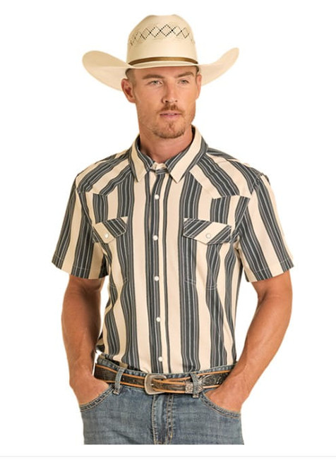 Rock & Roll Denim Mens Black Canyon Stripe 2 Pocket Short Sleeve Western Snap Shirt