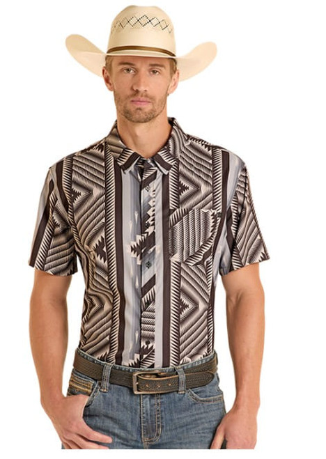 Rock & Roll Denim Mens Black Iron Aztec Striped Short Sleeve Button Down Shirt