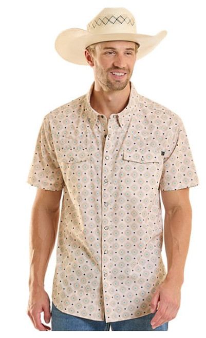 Rock & Roll Denim Mens Cream Desert Geo Tek Mesh Short Sleeve Western Snap Shirt