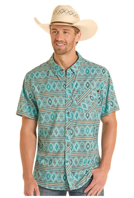 Rock & Roll Denim Mens Turquoise Tek Ripstop Western Print Short Sleeve Button Down Shirt