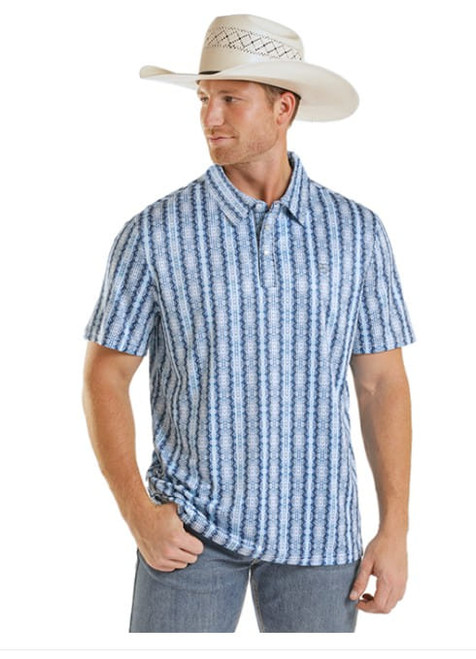 Rock & Roll Denim Mens Blue Range Stripe Print Short Sleeve Polo Shirt