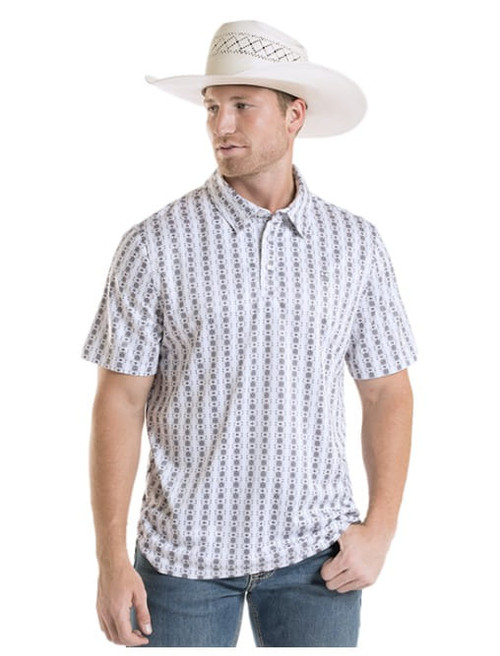 Rock & Roll Denim Mens White Mesa Diamond Stripe Print Short Sleeve Polo Shirt