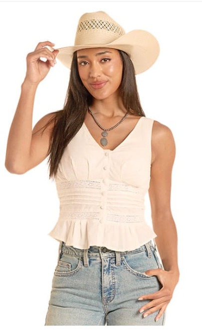 Rock & Roll Denim Womens Natural Prairie Eyelet Inset Peplum Sleeveless Tank Top