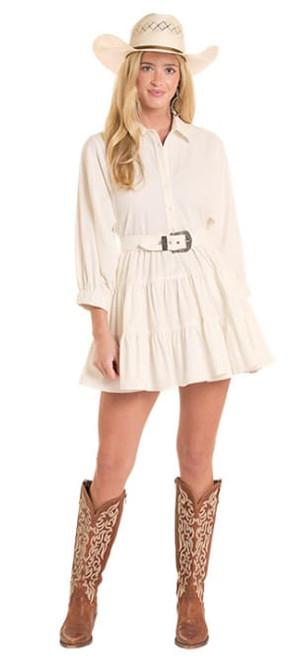 Rock & Roll Denim Womens Natural Western Buckle Belt Tiered Long Sleeve Mini Dress