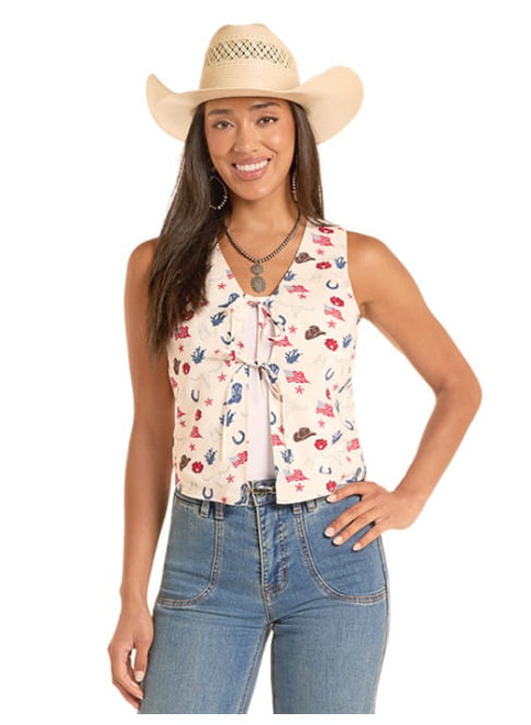 Rock & Roll Denim Womens Natural Americana Rodeo Icon Tie Front Vest