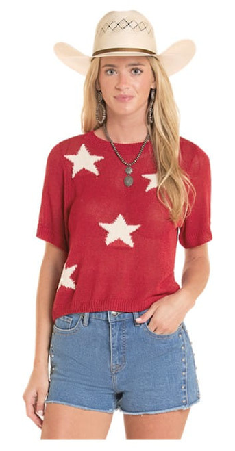 Rock & Roll Denim Womens Red Western Star Knit Short Sleeve Sweater Top