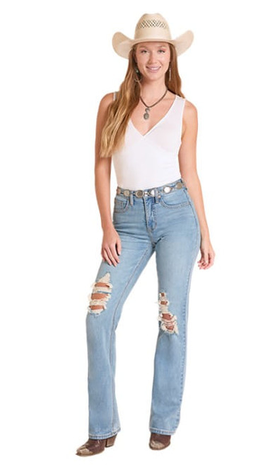 Rock & Roll Denim Womens Medium Wash Outlaw Distressed Bootstitch High Rise Bootcut Jeans