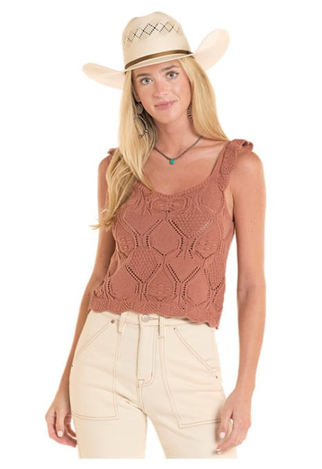 Rock & Roll Denim Womens Mauve Boho Crochet Knit Sleeveless Tank Top