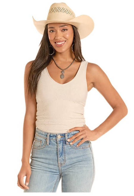Rock & Roll Denim Womens Natural Prairie Eyelet Knit Sleeveless Tank Top