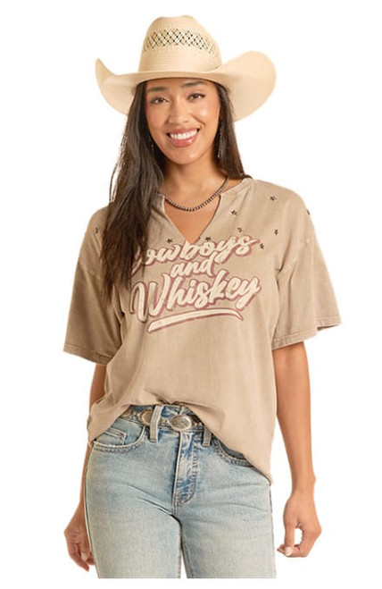 Rock & Roll Denim Womens Olive Cowboys and Whiskey Western Graphic Short Sleeve T Shirt