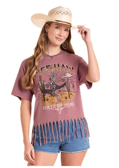 Rock & Roll Denim Womens Mauve Yee Haw State of Mind Fringe Graphic Short Sleeve T Shirt