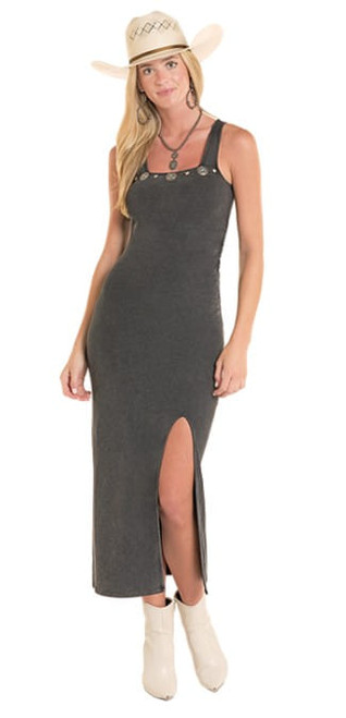Rock & Roll Denim Womens Black Turquoise Concho Trim Ruched Side Slit Midi Dress