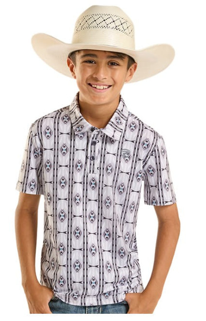 Rock & Roll Denim Boys Light Gray Tribal Stripe Pattern Short Sleeve Polo Shirt