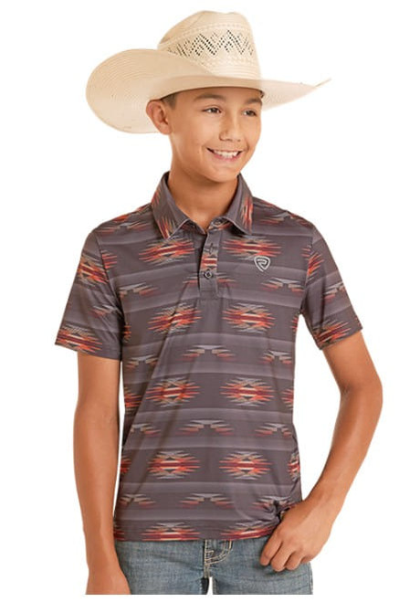 Rock & Roll Denim Boys Charcoal Desert Aztec Print Short Sleeve Polo Shirt