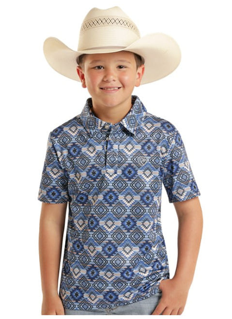 Rock & Roll Denim Boys Blue Tribal Aztec Print Short Sleeve Polo Shirt