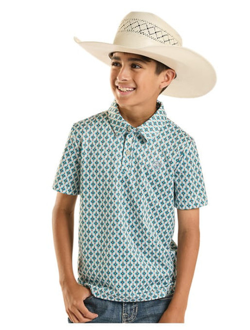 Rock & Roll Denim Boys Teal Diamond Geo Short Sleeve Polo Shirt
