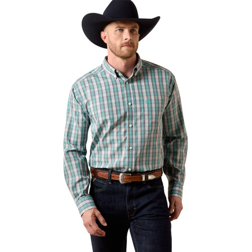 Ariat Men's Blue Turquoise Plaid Wrinkle Free Wolfe Long Sleeve Button Up Shirt