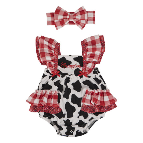 Wrangler Girls Infant White Cow Print Western Ruffle Romper - 2 Piece Set