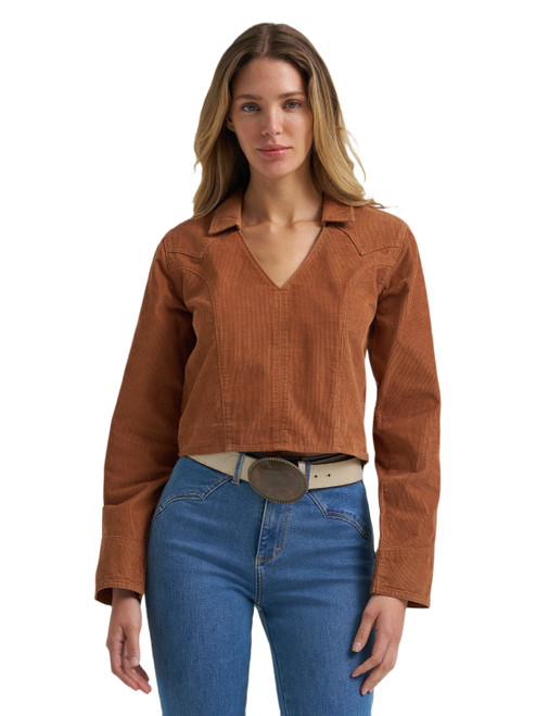 Wrangler Womens Brown Prairie Corduroy Long Sleeve Cropped Top