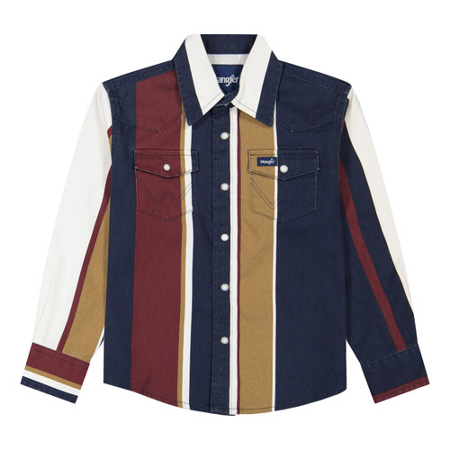 Wrangler Boys Navy Oak Brushpopper Stripe Long Sleeve Western Snap Shirt