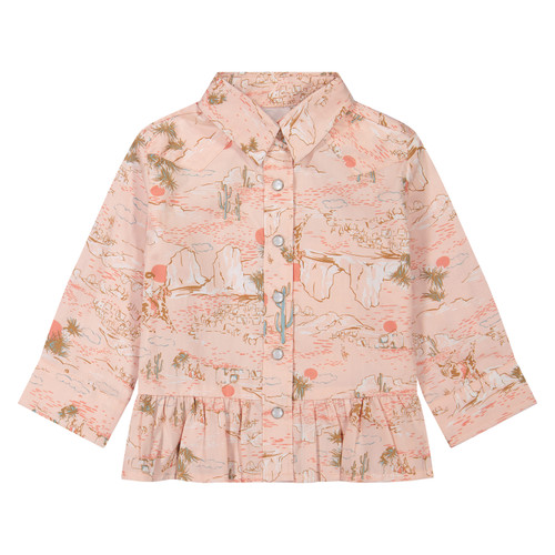 Wrangler Little Girls Pink Desert Sunrise Ruffle Hem Long Sleeve Western Snap Shirt