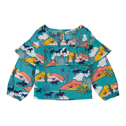 Wrangler Little Girls Turquoise Desert Horse Print Long Sleeve Ruffle Top