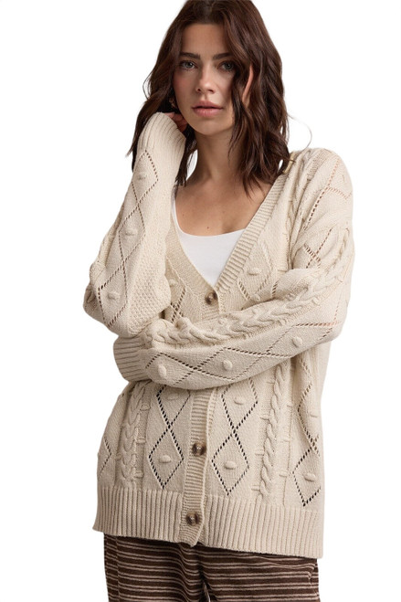 Wishlist Apparel Womens Cream Diamond Cable Knit Button Front Cardigan Sweater