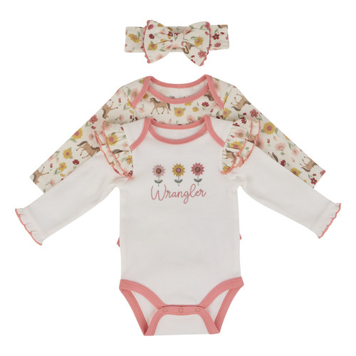Wrangler Girls Infant Pink Blossom Floral Long Sleeve Bodysuit - 2 Pack Set