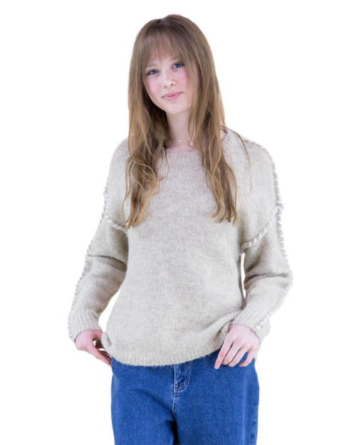 iScarf Womens Khaki Cozy Whipstitch Long Sleeve Relaxed Sweater