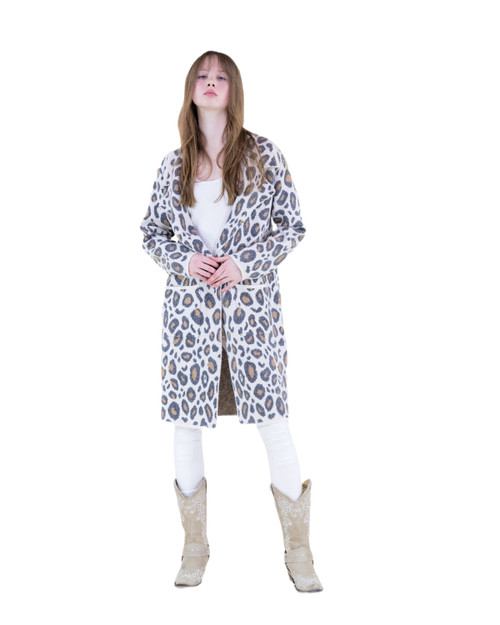 iScarf Womens Beige Leopard Stitch Long Sleeve Cardigan