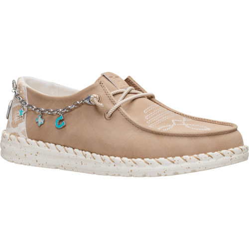 Hey Dude Women's Wendy Houston Rode 3 Tan & White Casual Shoes front right medial view