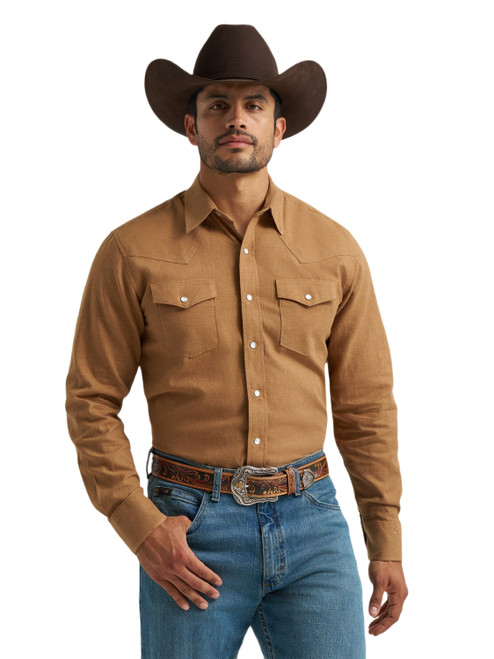 Wrangler Mens Brown Canyon Clay Solid Long Sleeve Western Snap Shirt