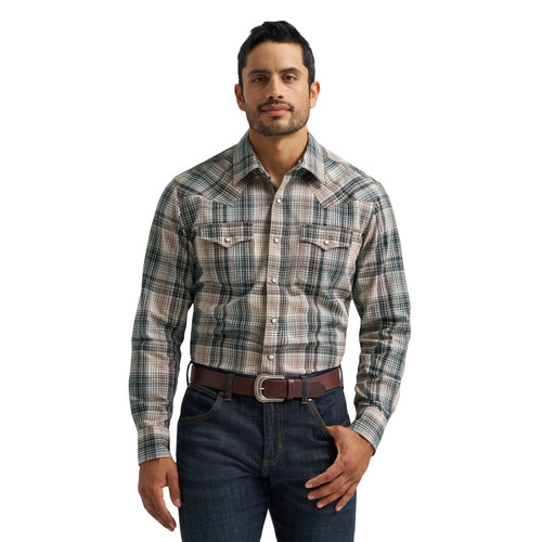 Wrangler Mens Green Timberline Reserve Retro Premium Long Sleeve Western Snap Shirt