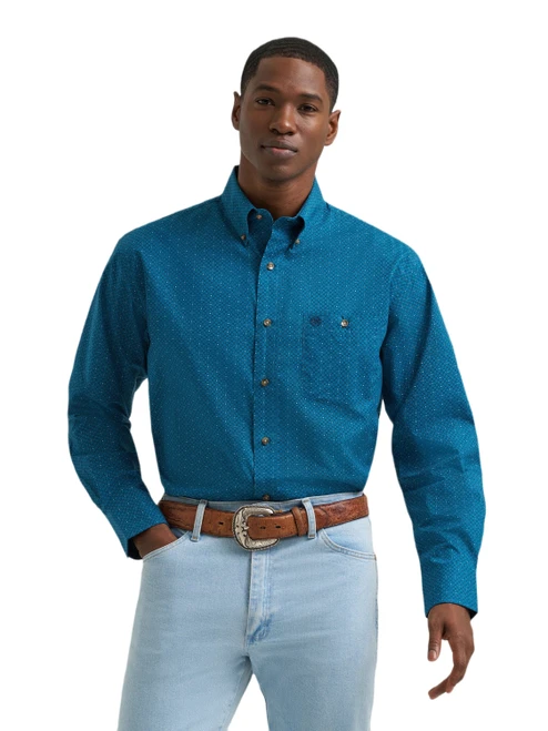 Wrangler Mens Teal Blue Mesa Print Long Sleeve Button Up Shirt