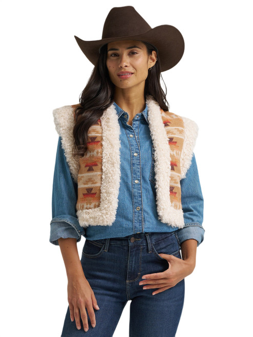 Wrangler Womens Beige Prairie Spirit Sherpa Lined Jacquard Vest