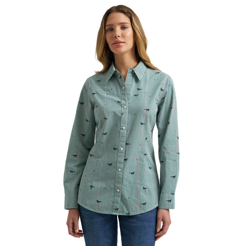 Wrangler Womens Green Sierra Ranch Long Sleeve Western Snap Shirt