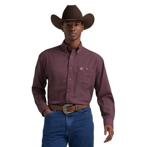 Wrangler Mens Burgundy Cody Johnson Heritage Print Long Sleeve One Pocket Button Down Shirt