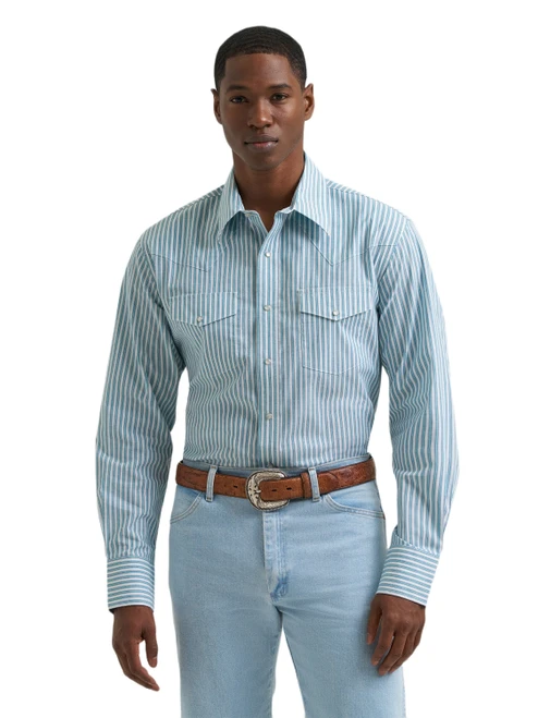 Wrangler Mens Blue Ridge Stripe Wrinkle Resistant Long Sleeve Western Snap Shirt