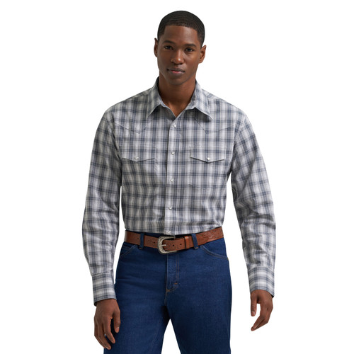Wrangler Mens Gray Ironwood Plaid Wrinkle Resistant Long Sleeve Western Snap Shirt