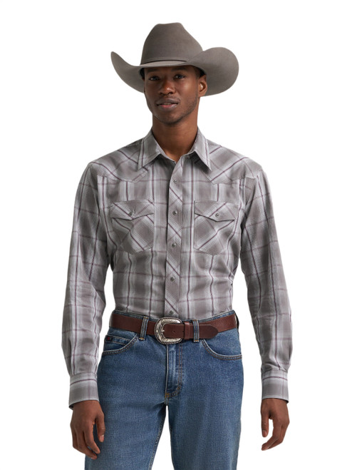 Wrangler Mens Gray Granite Peak 20X Plaid Long Sleeve Western Snap Shirt