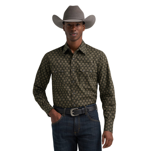 Wrangler Mens Black Shadow Mesa Retro Print Long Sleeve Western Snap Shir